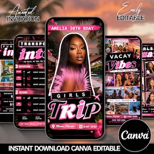 Może przedstawiać: Cyfrowy projekt zaproszenia na babski wypad do Miami na Florydzie. Projekt zawiera zdjęcie kobiety, różowe akcenty i tekst "Girls Trip". Zaproszenie jest łatwe do edycji i dostępne do natychmiastowego pobrania.