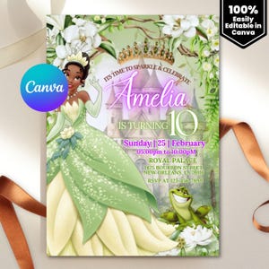 May include: An invitation featuring a princess in a green dress, with the text "Amelia is turning 10." The design includes a castle, a frog, and floral elements. The invitation is easily editable in Canva.