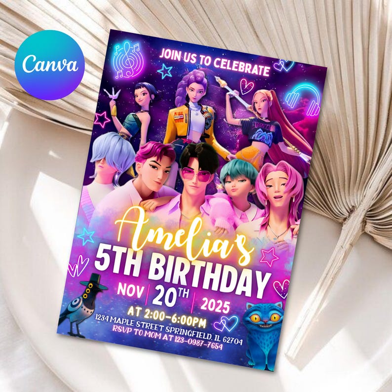 Kpop Demon Hunters Birthday Invitation Template | Editable Canva Template | Kpop Anime Invite | Digital Download | Printable Card for Kids