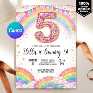 5th Birthday Invitation Girl, Editable Rainbow Sequin Glitter Invite Printable Template for Girls Party, Girls Pink Birthday Invite