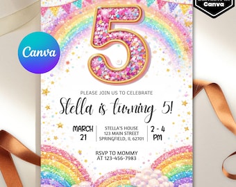 女の子の5歳の誕生日招待状、編集可能なレインボースパンコールグリッター招待状、女の子のパーティー用の印刷可能なテンプレート、女の子のピンクの誕生日招待状