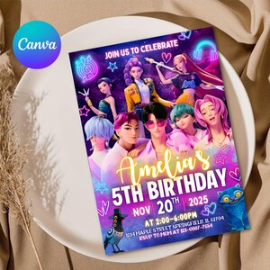 Kpop Demon Hunters Birthday Invitation Template | Editable Canva Template | Kpop Anime Invite | Digital Download | Printable Card for Kids