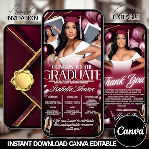 May include: A digital graduation invitation on a smartphone screen. The design features a burgundy and gold color scheme with the text "Congrats to the Graduate" and event details. The invitation is Canva editable.