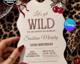 キャンバス製ヒョウ柄「ワイルドになろう」誕生日招待状 – 21歳の誕生日、女子会、チェリー＆アニマルプリントパーティー招待状、チーターチェリー