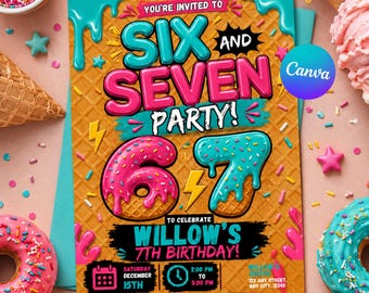 6-7 Birthday Invitation for Girls, Editable Meme Trending Six Seven Party Invite, Bruh, Girl Birthday, Kids Birthday Digital Invite