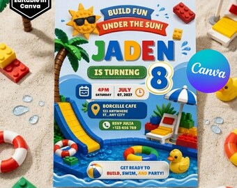 積み木プールパーティー招待状、夏の誕生日テンプレート（デジタルダウンロード）