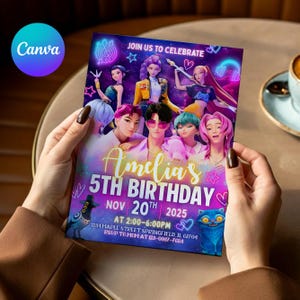 Kpop Demon Hunters Birthday Invitation Template | Editable Canva Template | Kpop Anime Invite | Digital Download | Printable Card for Kids