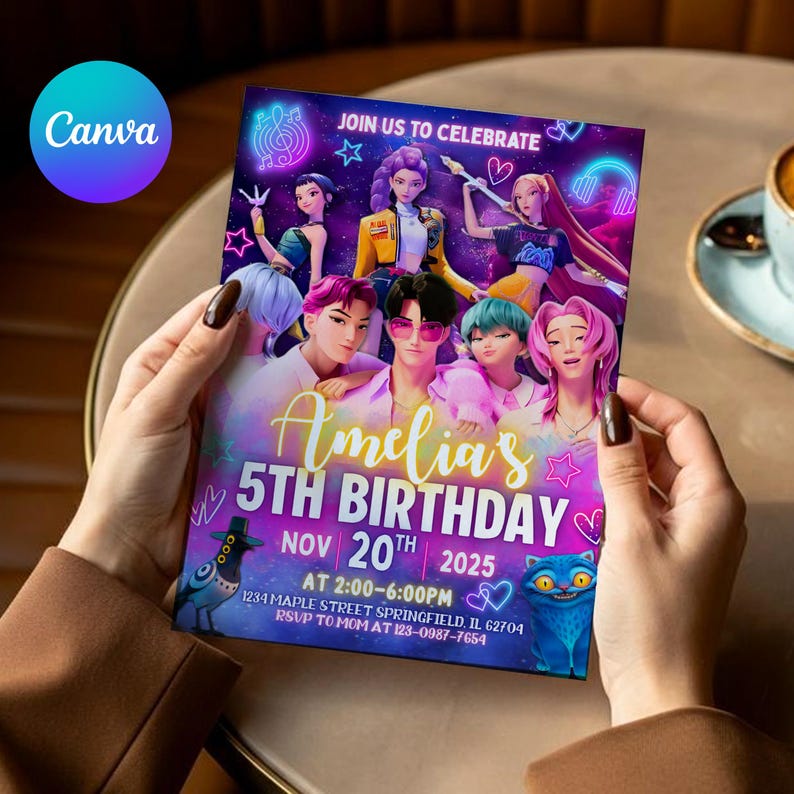 Kpop Demon Hunters Birthday Invitation Template | Editable Canva Template | Kpop Anime Invite | Digital Download | Printable Card for Kids