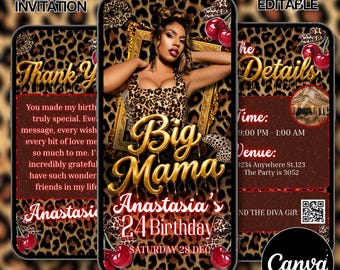 Big Mama Cheetah Print Cherry Girls Night Birthday Invite, Editable Cheetah Print Birthday Evite, Dinner & Drinks Glam Party, Canva Editable