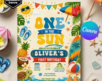太陽の下で過ごす1歳の誕生日プールパーティー 編集可能な招待状 夏のスプラッシュ トロピカルスイミング スプラッシュパッドパーティー 即時ダウンロード