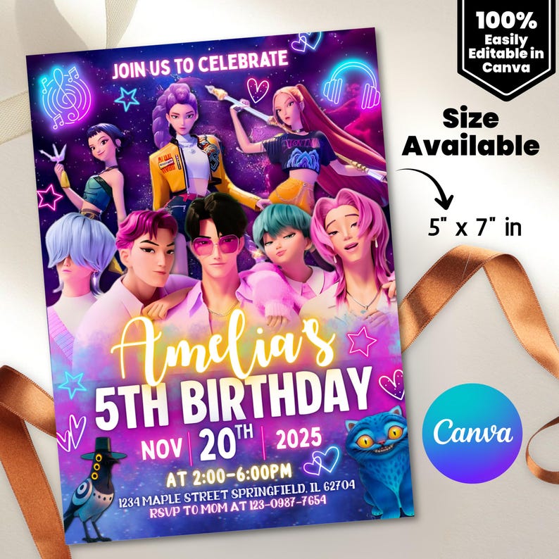 Kpop Demon Hunters Birthday Invitation Template | Editable Canva Template | Kpop Anime Invite | Digital Download | Printable Card for Kids