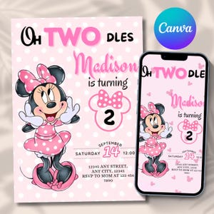 May include: A pink birthday invitation card and a smartphone displaying the same design. The graphic features a cartoon mouse in a polka dot dress, the text Oh TWO DLES, Madison is turning 2, and event details including date, time, and address.