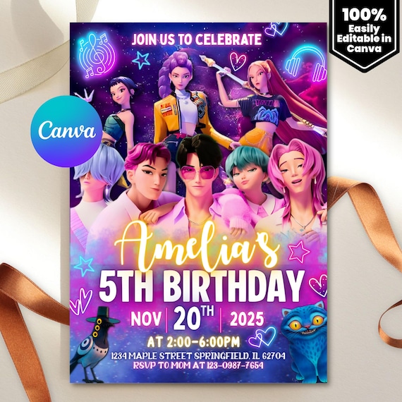 Kpop Demon Hunters Birthday Invitation Template | Editable Canva Template | Kpop Anime Invite | Digital Download | Printable Card for Kids
