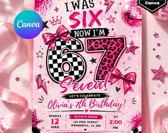 6 7 誕生日招待状：女の子の 7 歳の誕生日デジタル招待状 インスタントダウンロード Canva テンプレート