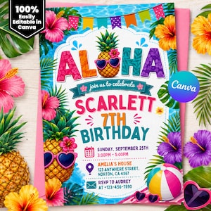 以下が含まれることがあります： ピンク、オレンジ、ターコイズ色の「ALOHA」の文字が入った、カラフルな誕生日招待状。サングラスをかけたパイナップル、ハイビスカスの花、そして「Scarlett 7th Birthday」の文字が入っています。Canvaで100％編集可能。