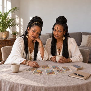 Puede incluir: Dos personas con cabello largo y trenzado oscuro visten blusas de manga larga color crema y collares dorados en capas. Se sientan a una mesa redonda con un mantel texturizado, con cartas de tarot, dos tazas moteadas y un cuaderno encima.