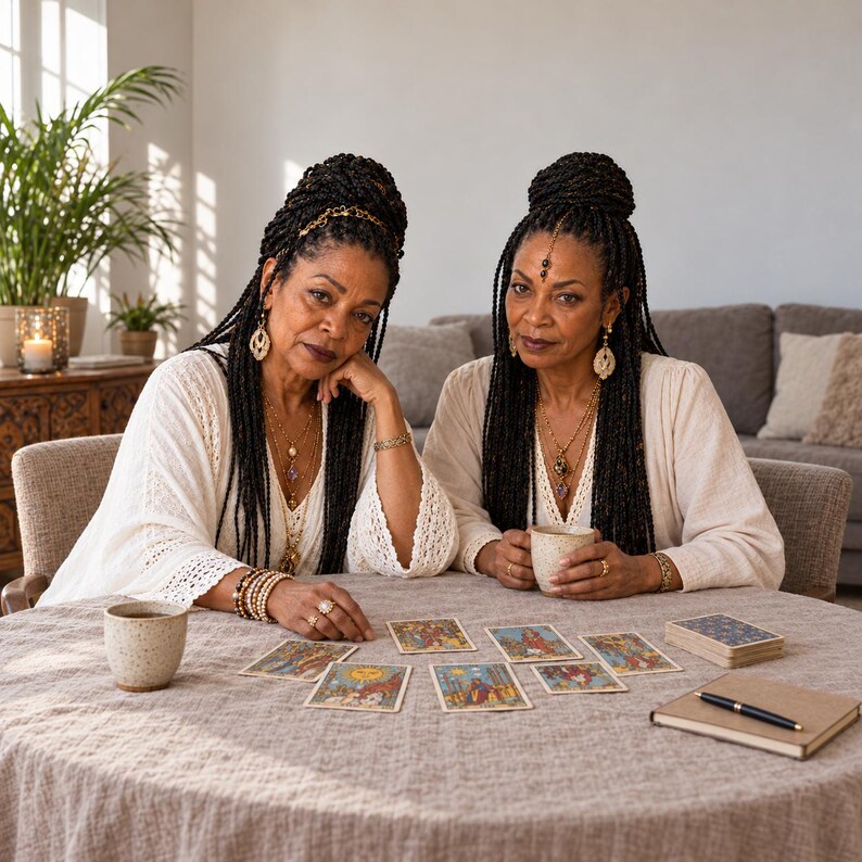 Puede incluir: Dos personas con cabello largo y trenzado oscuro visten blusas de manga larga color crema y collares dorados en capas. Se sientan a una mesa redonda con un mantel texturizado, con cartas de tarot, dos tazas moteadas y un cuaderno encima.