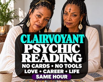 May include: Two individuals with braided hair wearing cream-colored tops sit behind a table with tarot cards. Text reads: CLAIRVOYANT PSYCHIC READING, NO CARDS • NO TOOLS, LOVE • CAREER • LIFE, SAME HOUR. A ceramic mug and a notebook are visible.
