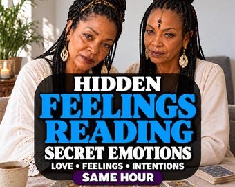 May include: Two individuals with braided hair wearing white tops sit behind a table with tarot cards. Text overlay reads: HIDDEN FEELINGS READING SECRET EMOTIONS LOVE • FEELINGS • INTENTIONS SAME HOUR. A ceramic mug and a notebook are also visible.