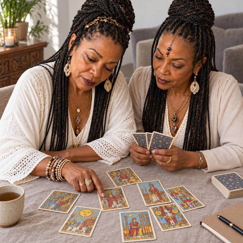 Puede incluir: Un juego de cartas de tarot con reversos de estrellas azules y doradas y frentes ilustrados a color, con figuras y s&iacute;mbolos, extendidas sobre una mesa. Las cartas muestran varias escenas que incluyen un sol, figuras y bastos.