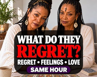May include: Two individuals with braided hair wearing cream-colored tops sit behind a table with tarot cards. Text overlay reads: WHAT DO THEY REGRET? REGRET • FEELINGS • LOVE SAME HOUR. A ceramic mug and a notebook are also visible on the table.