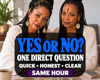 May include: A person with braided hair wearing a white top, positioned behind a table with tarot cards and a sign that reads: YES OR NO? ONE DIRECT QUESTION QUICK • HONEST • CLEAR SAME HOUR. The person has dark hair and wears gold earrings.