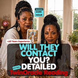 Puede incluir: Dos mujeres con cabello trenzado aparecen en una imagen. El texto de la imagen dice: "WILL THEY CONTACT YOU? DETAILED Twin Oracle Reading." El texto adicional incluye "+60 Years Experience" y "WARNING SAME HOUR".
