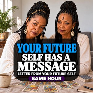 May include: Two individuals with braided hair and gold jewelry sit behind a table with tarot cards. A black graphic overlay displays the text: YOUR FUTURE SELF HAS A MESSAGE, LETTER FROM YOUR FUTURE SELF, SAME HOUR.