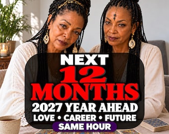 May include: Two individuals with braided hair wearing white tops and gold jewelry sit at a table with tarot cards. Text overlay reads: NEXT 12 MONTHS 2027 YEAR AHEAD LOVE CAREER FUTURE SAME HOUR. A ceramic mug and a notebook are also on the table.