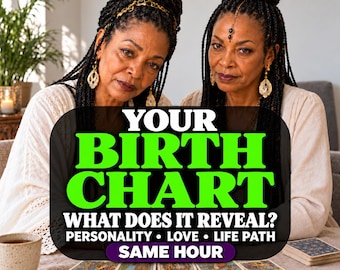 May include: A person with braided hair wearing a white top and gold jewelry sits at a table with tarot cards. Text overlay reads: YOUR BIRTH CHART WHAT DOES IT REVEAL? PERSONALITY • LOVE • LIFE PATH SAME HOUR. A ceramic mug and notebook are present.