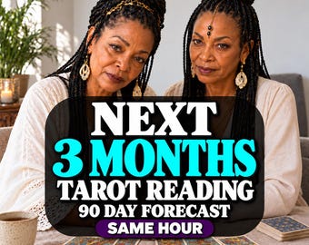 May include: A person with dark braided hair wearing gold earrings and a white top, positioned behind a table with tarot cards. Text overlay reads: NEXT 3 MONTHS TAROT READING 90 DAY FORECAST SAME HOUR. A ceramic mug and a notebook are on the table.