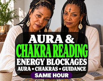 May include: A person with braided hair wearing a white top, positioned behind a table with tarot cards and a mug. Text overlay reads: AURA & CHAKRA READING, ENERGY BLOCKAGES, AURA • CHAKRAS • GUIDANCE, SAME HOUR. The scene includes a notebook.