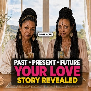 Può includere: Due persone con lunghi capelli scuri intrecciati e top beige con finiture in pizzo siedono dietro un tavolo di legno con tarocchi, cristalli e una candela. Testo: SAME HOUR, PAST PRESENT FUTURE, YOUR LOVE STORY REVEALED.
