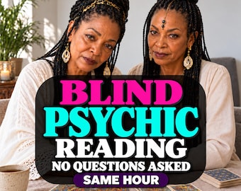 May include: Two individuals with braided hair wearing white tops and gold earrings sit behind a table with tarot cards. Text overlay reads: BLIND PSYCHIC READING NO QUESTIONS ASKED SAME HOUR. A ceramic mug and a notebook are also on the table.