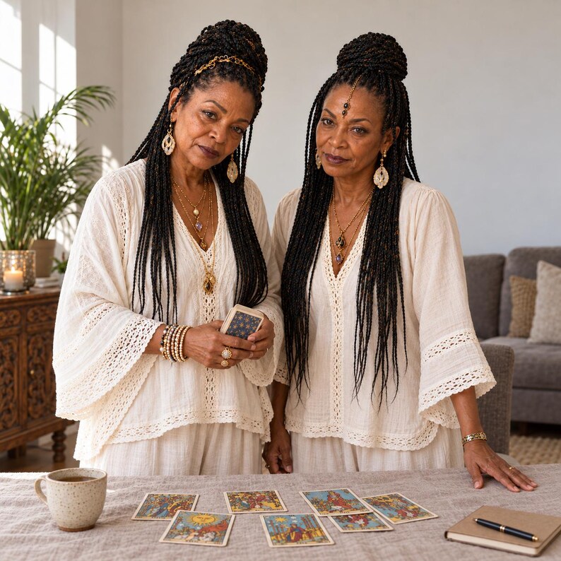 Puede incluir: Dos personas con cabello largo y oscuro trenzado visten blusas color crema con cuello en V y detalles de encaje. Llevan collares dorados en capas, pendientes colgantes y pulseras. Un mazo de cartas del tarot est&aacute; extendido sobre la mesa.