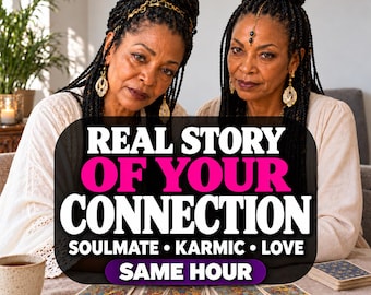 May include: Two individuals with braided hair wearing white tops and gold jewelry sit behind a table with tarot cards. Text reads: REAL STORY OF YOUR CONNECTION SOULMATE KARMIC LOVE SAME HOUR. A ceramic mug and a notebook are also on the table.
