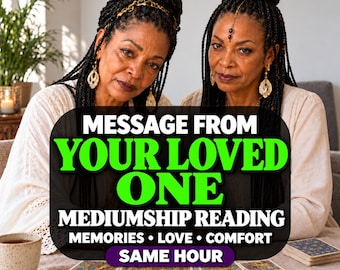 May include: Two individuals with braided hair wearing white tops sit behind a table with tarot cards. Text overlay reads: MESSAGE FROM YOUR LOVED ONE MEDIUMSHIP READING MEMORIES • LOVE • COMFORT SAME HOUR. A ceramic mug and a notebook are visible.
