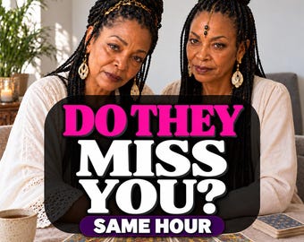 May include: Two individuals with braided hair wearing cream-colored tops and ornate earrings are positioned behind a table with tarot cards. A black graphic overlay features the white and pink text: DO THEY MISS YOU? SAME HOUR.