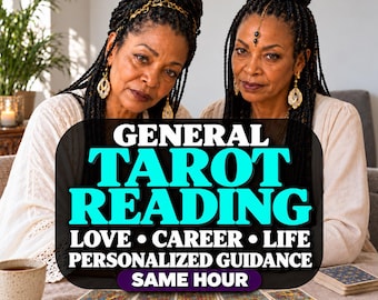 May include: A person with braided hair wearing a white top and gold jewelry, positioned behind a table with tarot cards. Text overlay reads: GENERAL TAROT READING, LOVE, CAREER, LIFE, PERSONALIZED GUIDANCE, SAME HOUR.