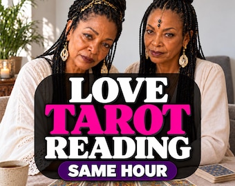 May include: Two individuals with braided hair wearing white tops and gold earrings sit behind a table with tarot cards. A black overlay features the white and pink text: LOVE TAROT READING SAME HOUR. A ceramic mug and a notebook are on the table.