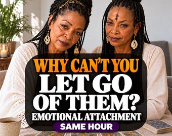May include: Two individuals with braided hair wearing white tops and jewelry sit behind a table with tarot cards. Text reads: WHY CAN'T YOU LET GO OF THEM? EMOTIONAL ATTACHMENT SAME HOUR. A ceramic mug and a notebook are also on the table.