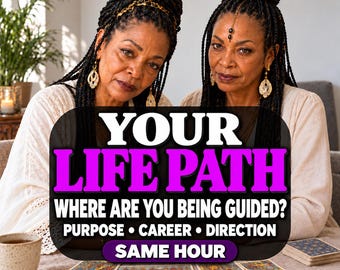 May include: A person with braided hair wearing cream-colored clothing sits behind a table with tarot cards. Text reads: YOUR LIFE PATH, WHERE ARE YOU BEING GUIDED? PURPOSE • CAREER • DIRECTION, SAME HOUR. A ceramic mug and a notebook are also visible.
