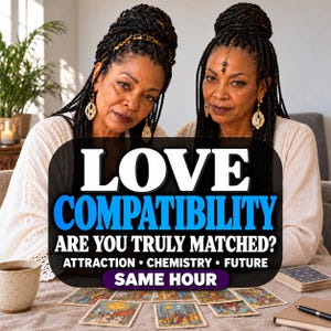 Puede incluir: Dos personas con cabello trenzado y blusas color crema sentadas tras una mesa con cartas de tarot. Un letrero negro con texto en blanco y azul dice: LOVE COMPATIBILITY, ARE YOU TRULY MATCHED? ATTRACTION, CHEMISTRY, FUTURE, SAME HOUR.