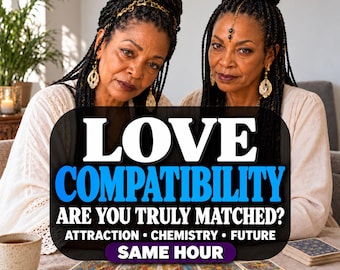 May include: Two individuals with braided hair and cream-colored tops sit behind a table with tarot cards. A black sign with white and blue text reads: LOVE COMPATIBILITY, ARE YOU TRULY MATCHED? ATTRACTION, CHEMISTRY, FUTURE, SAME HOUR.