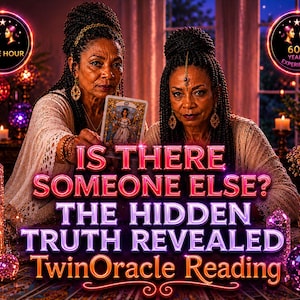 May include: Two women in ornate attire hold a tarot card, with text reading "IS THERE SOMEONE ELSE? THE HIDDEN TRUTH REVEALED TwinOracle Reading." The image includes crystal balls and the text "SAME HOUR" and "60+ YEARS EXPERIENCE."