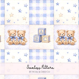 Teddy Bear Patchwork Seamless Pattern | Baby Boy Quilt Watercolor Print | Blue Gingham Nursery Fabric ABC Blocks