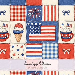 Può includere: Un motivo senza cuciture patriottico con quadrati rossi, bianchi e blu con vari disegni. Include una bandiera americana, coni gelato, tazze di caffè con bandiere, fiocchi, stelle e fuochi d'artificio. È presente anche il testo "Seamless Pattern".