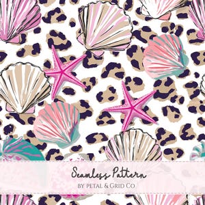 May include: A seamless pattern design with seashells, starfish, and leopard print spots in pink, beige, and teal on a white backdrop. The words "Seamless Pattern" are displayed in a banner at the bottom.