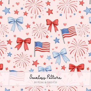 May include: Seamless pattern featuring American flags, red bows, blue bows, fireworks, red stars, blue stars, and hearts on a light pink background. The text "Seamless Pattern" is visible at the bottom of the image.