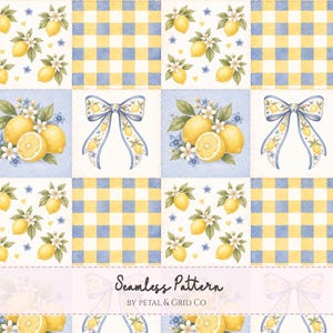 May include: Seamless pattern featuring a repeating design of lemons, bows, and gingham squares in yellow and blue. The pattern includes lemons with white blossoms and blue accents. The text "Seamless Pattern" is displayed at the bottom.